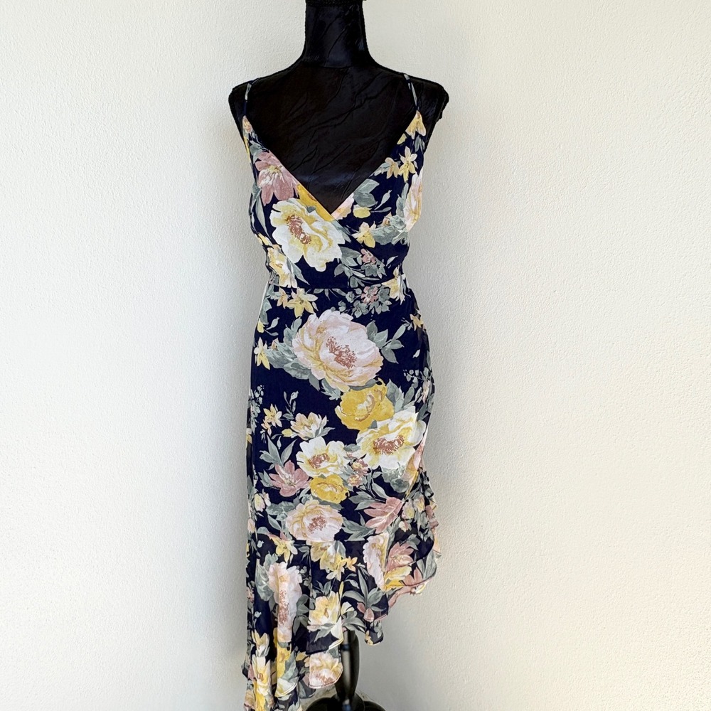 Lulus Floral High-Low Midi Dress Surplice Ruffle, Womens Large Navy Blue - Picture 5 of 11